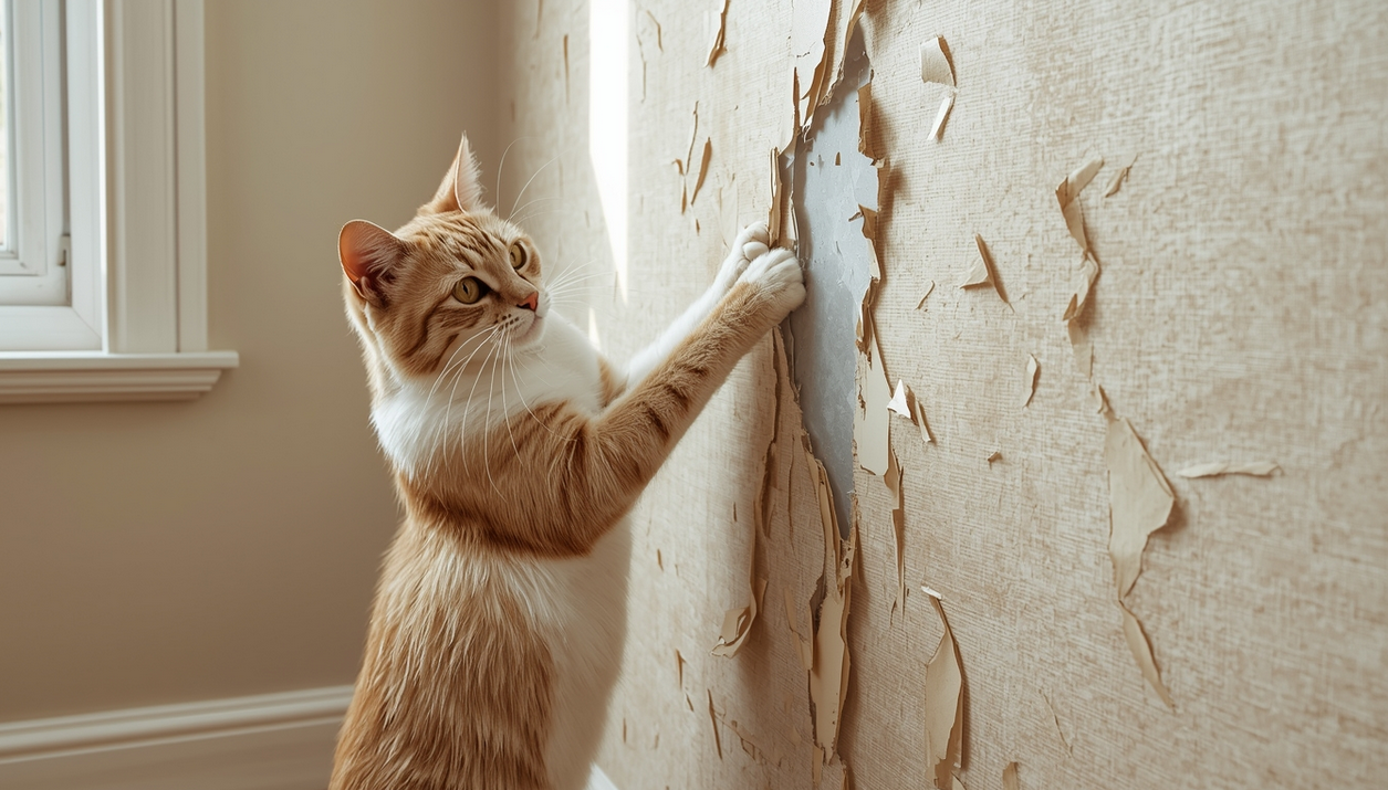 кошка дерет обои